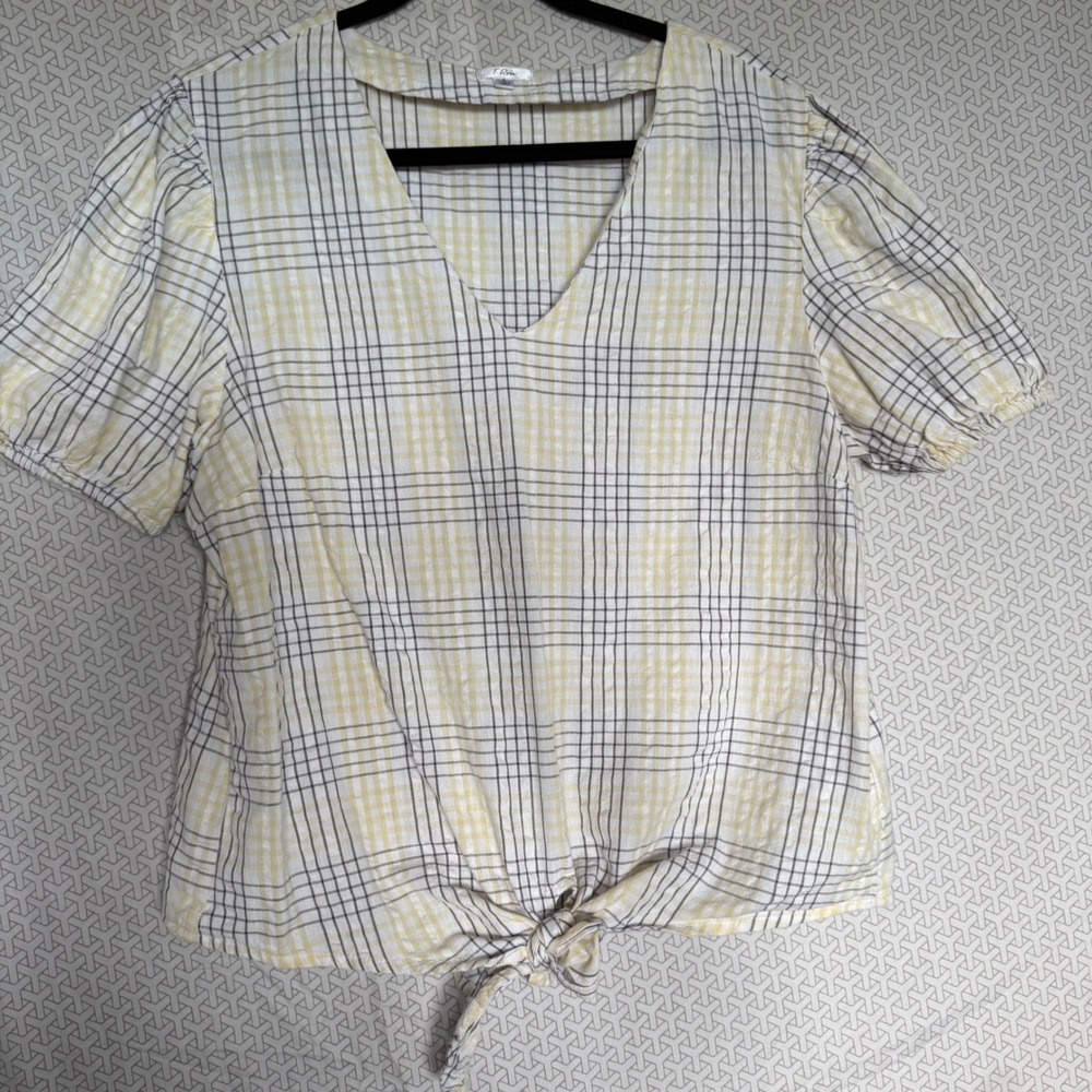 T‎ Rose Yellow Plaid Tie Front Short Sleeve V Neck Blouse Women's Size L